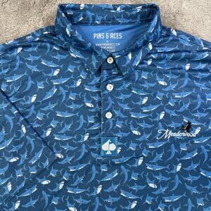 Pins & Aces Men's XL Blue Shark Print Golf Polo Meadowood Performance Shirt